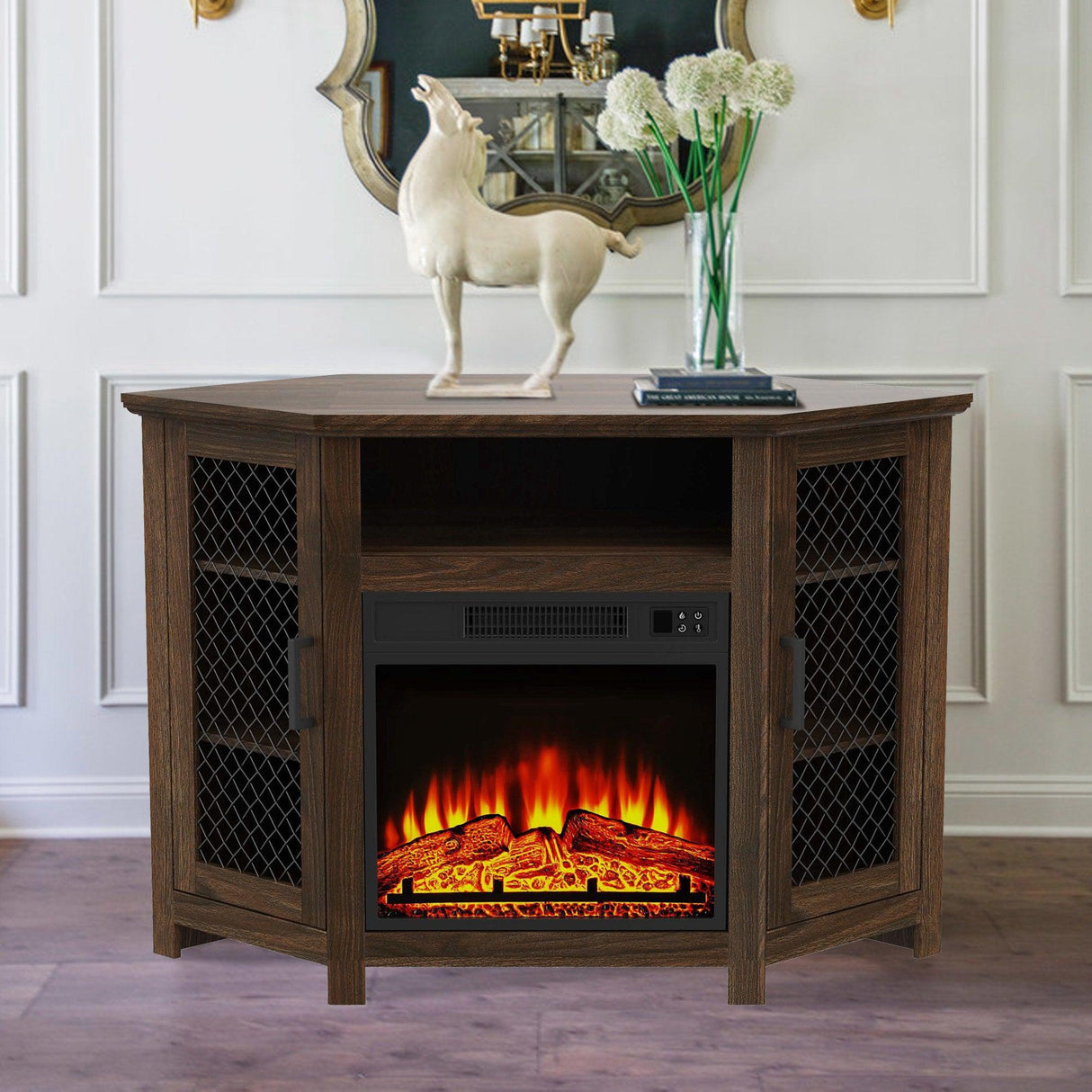 45" Corner Electric Fireplace TV Stands Console Table Insert 18" Electric Fireplace with 2 Metal Mesh Doors-Parc Decor