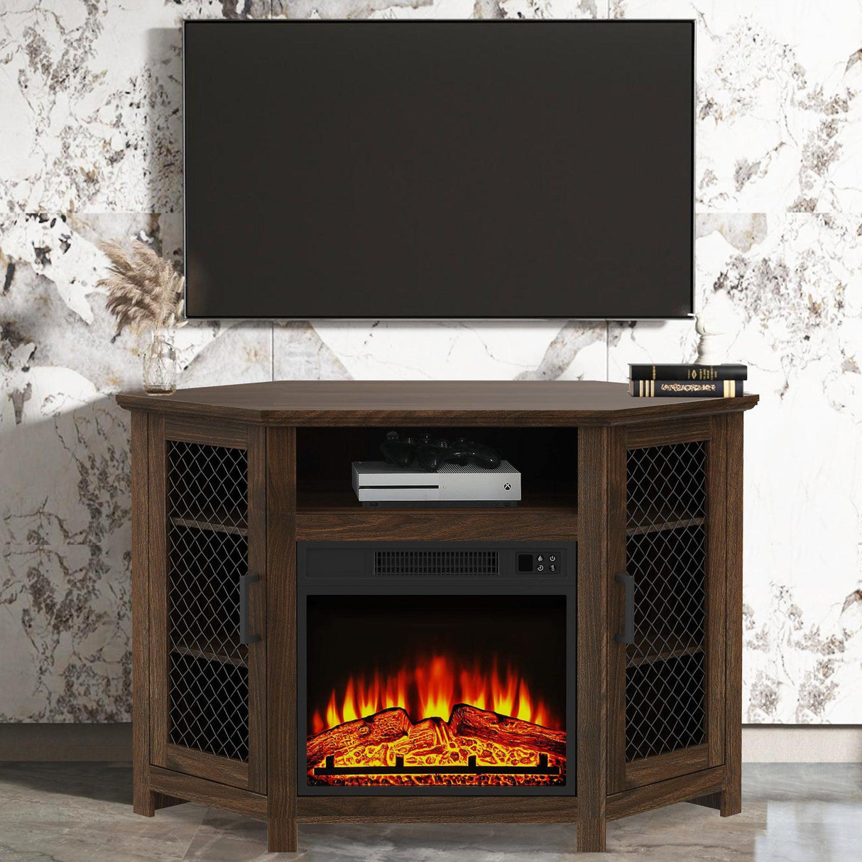 45" Corner Electric Fireplace TV Stands Console Table Insert 18" Electric Fireplace with 2 Metal Mesh Doors-Parc Decor