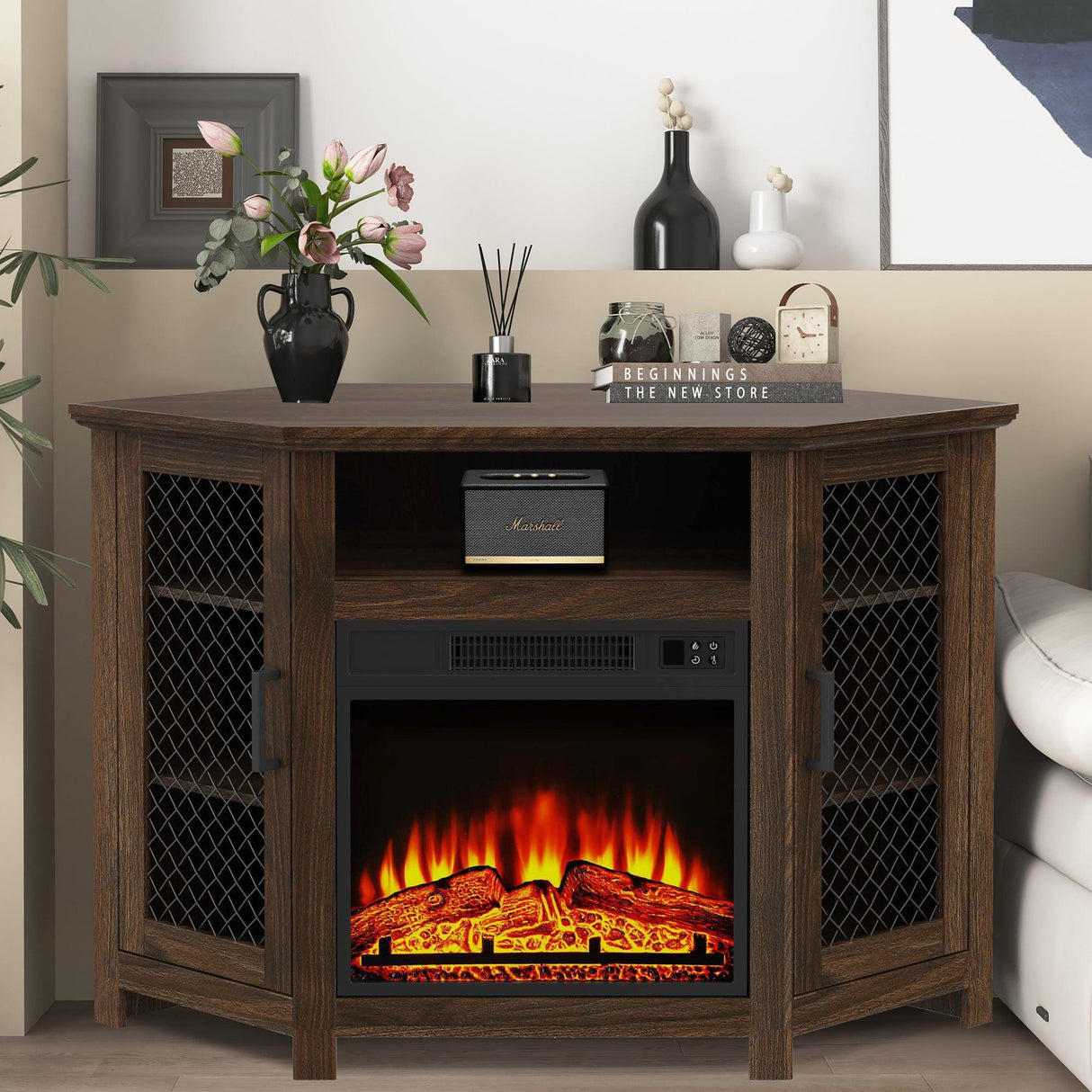 45" Corner Electric Fireplace TV Stands Console Table Insert 18" Electric Fireplace with 2 Metal Mesh Doors-Parc Decor