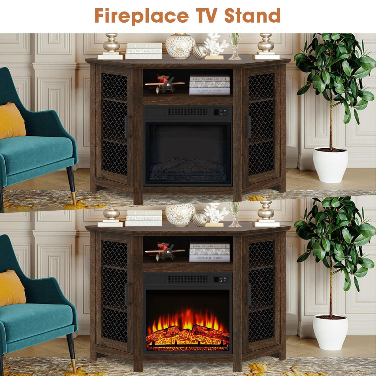45" Corner Electric Fireplace TV Stands Console Table Insert 18" Electric Fireplace with 2 Metal Mesh Doors-Parc Decor