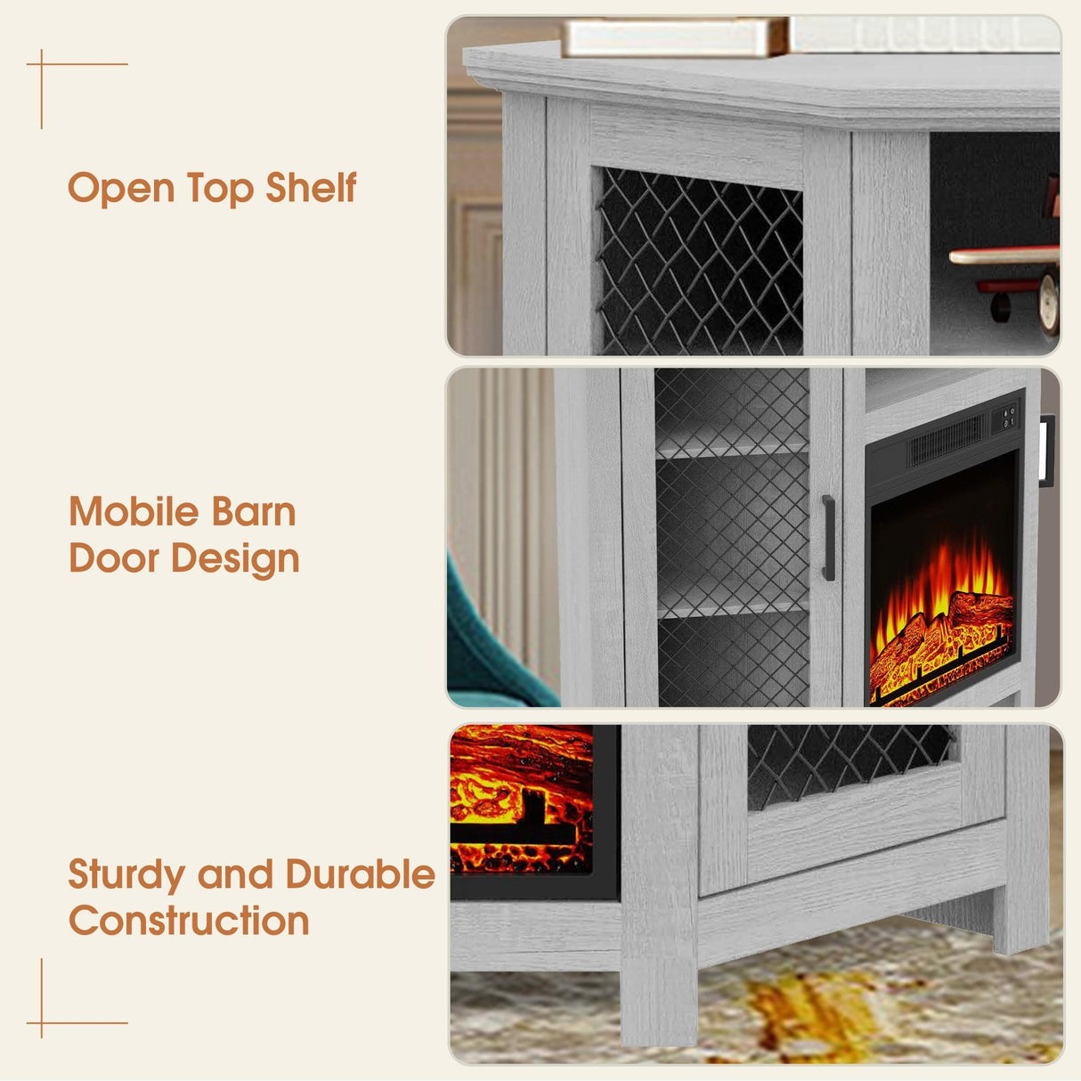 45" Corner Electric Fireplace TV Stands Console Table Insert 18" Electric Fireplace with 2 Metal Mesh Doors-Parc Decor