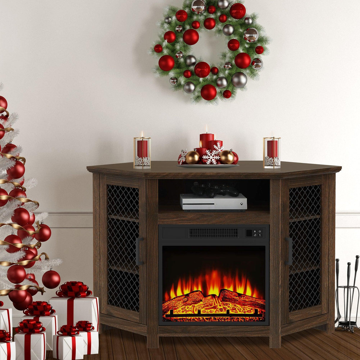 45" Corner Electric Fireplace TV Stands Console Table Insert 18" Electric Fireplace with 2 Metal Mesh Doors