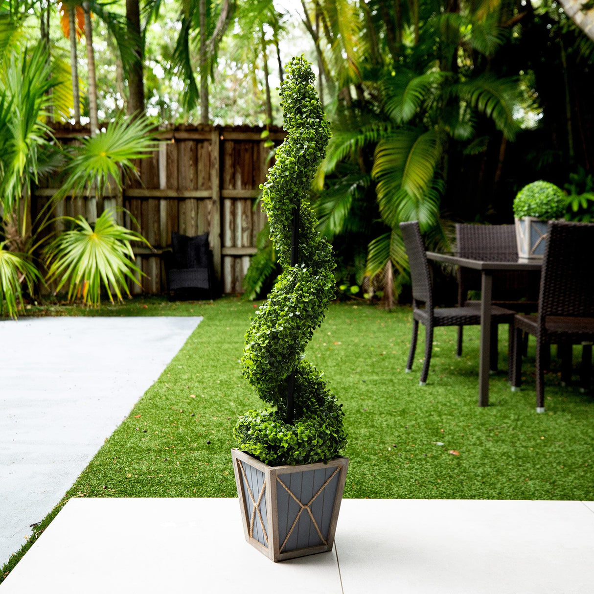 45” UV Resistant Artificial Boxwood Spiral Topiary Tree with LED Lights in Decorative Planter (Indoor/Outdoor)-Tree-Parc Decor