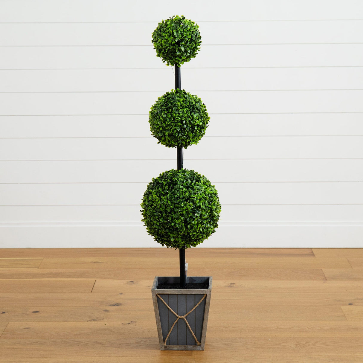45" UV Resistant Artificial Triple Ball Boxwood Topiary with LED Lights in Decorative Planter (Indoor/Outdoor)-Tree-Parc Decor