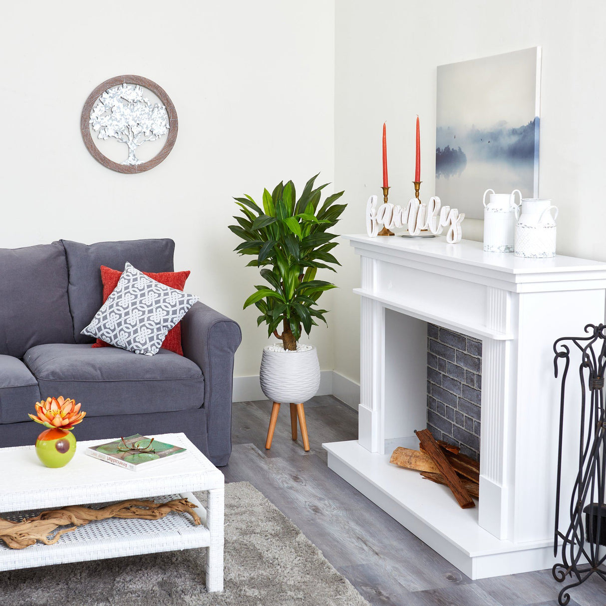 46” Corn Stalk Dracaena Artificial Plant in White Planter with Stand (Real Touch)-Parc Decor