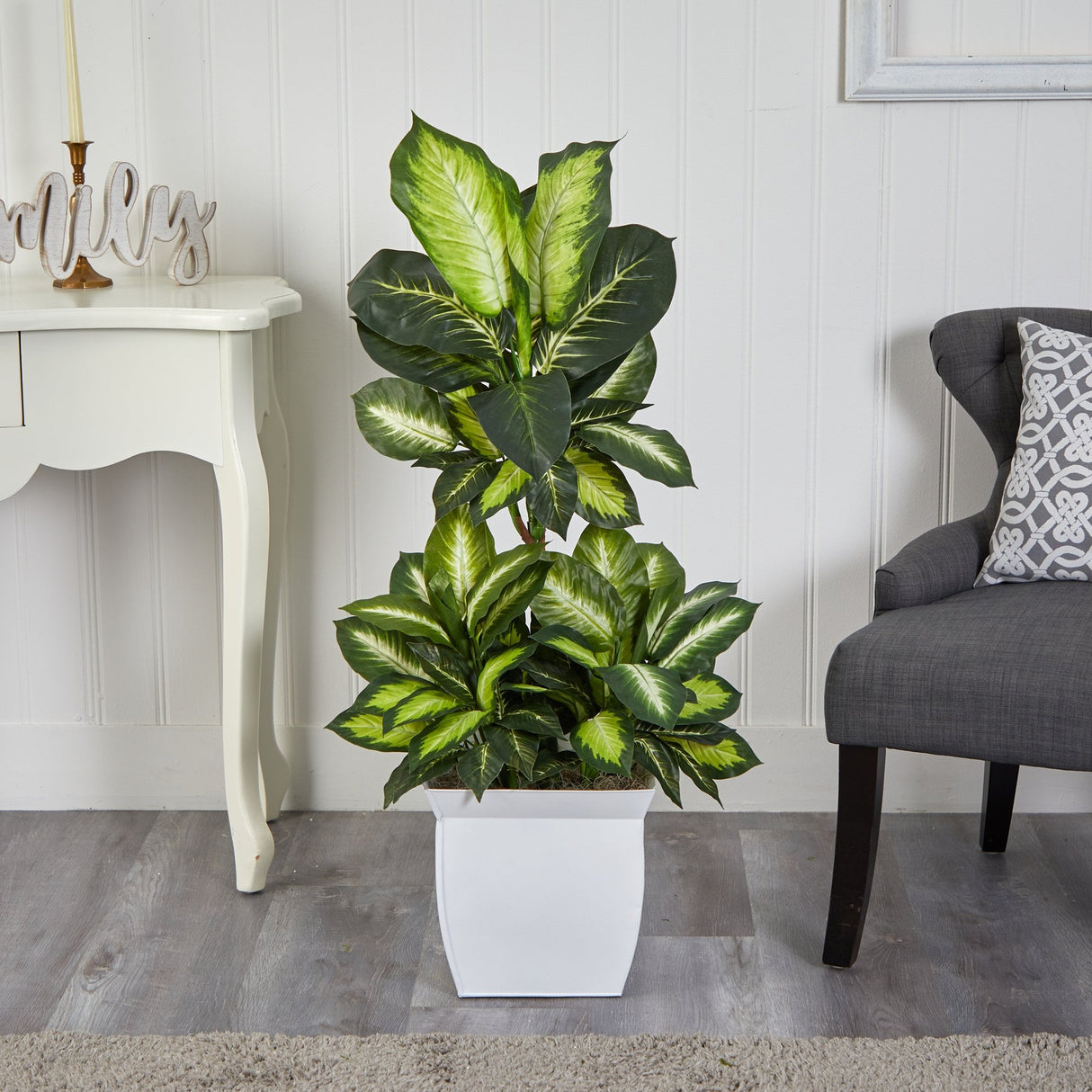 46” Golden Dieffenbachia Artificial Plant in White Metal Planter-Parc Decor