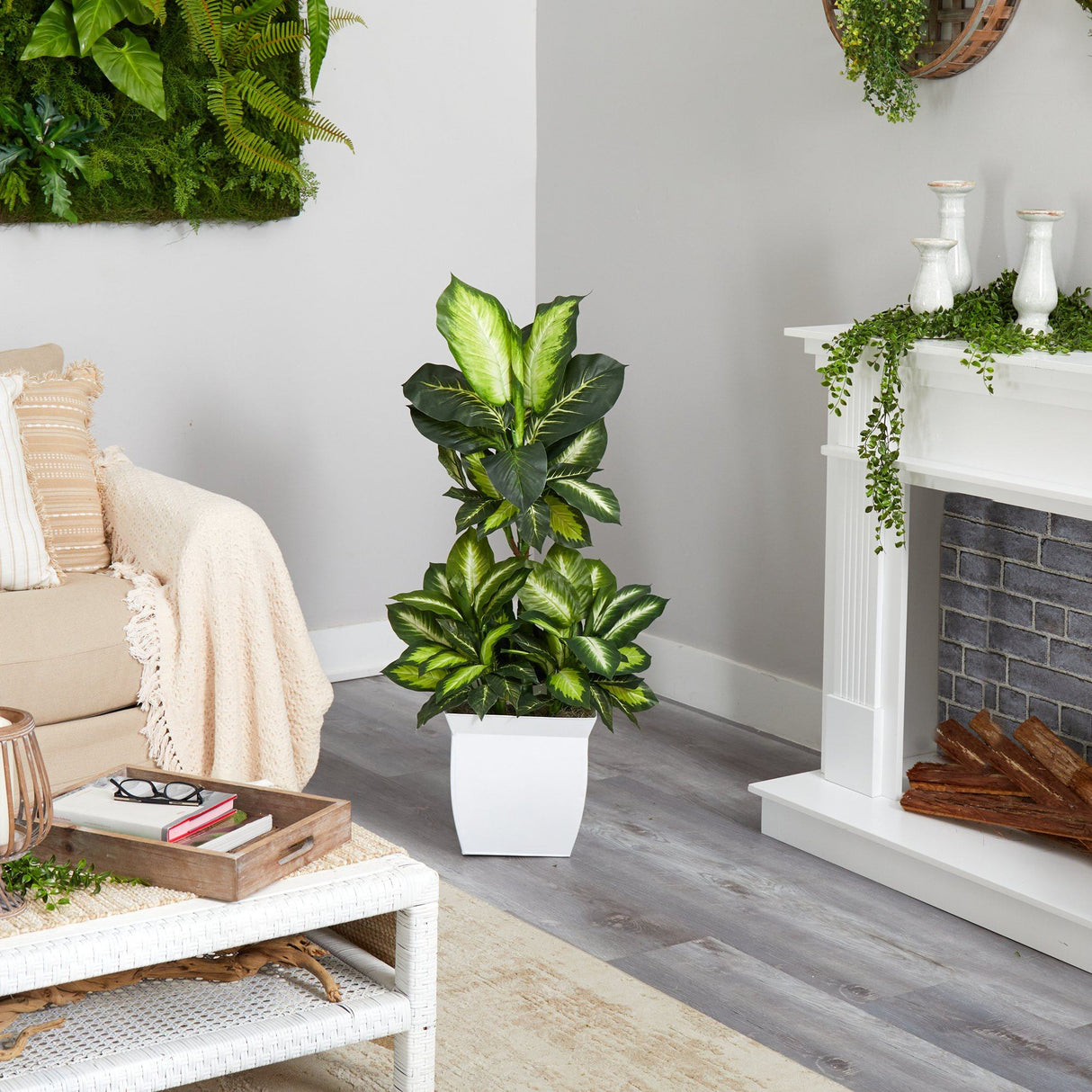 46” Golden Dieffenbachia Artificial Plant in White Metal Planter-Parc Decor