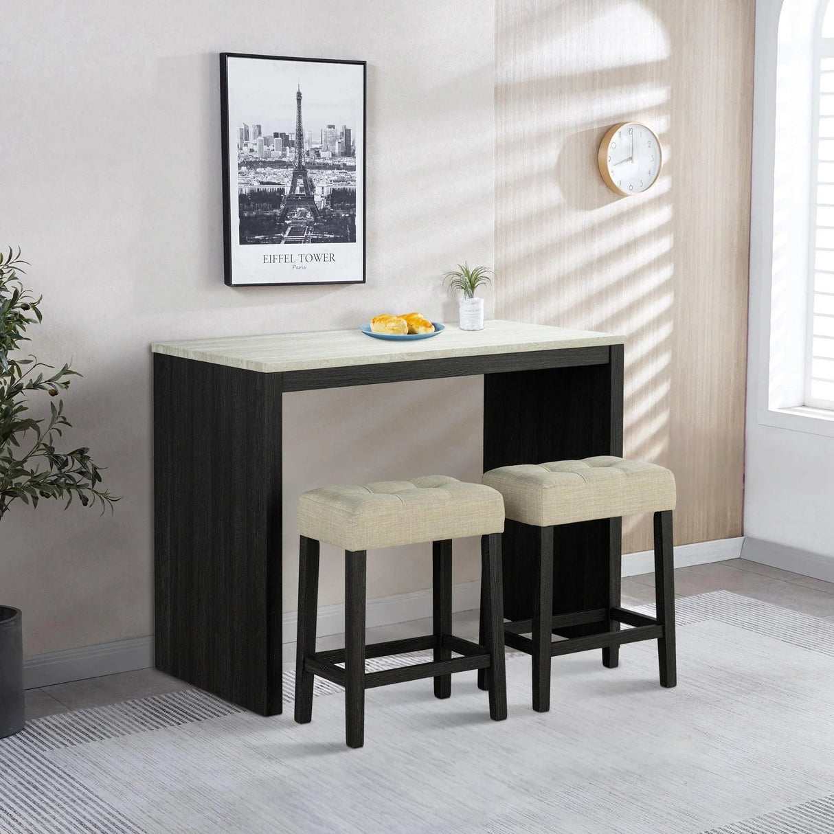 48" Modern Breakfast 1 Dining Table Set with 2 Stools for Apartment, Travertine Table Top