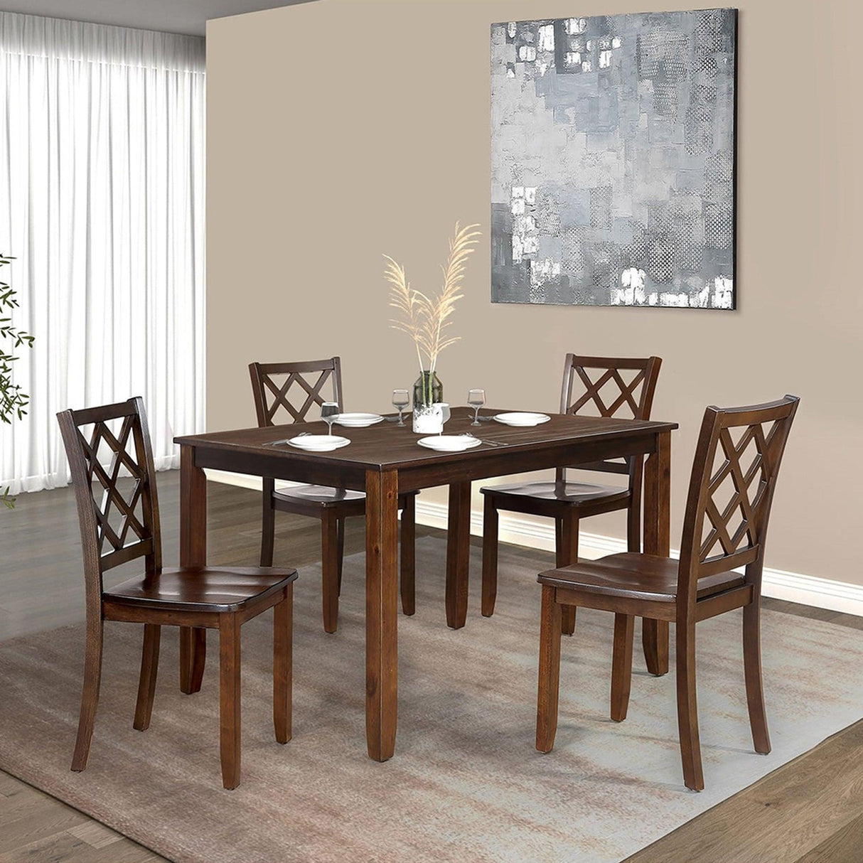 48"W Solid Rubberwood 5-Piece Dining Table Set with Diamond Chair Back-Parc Decor