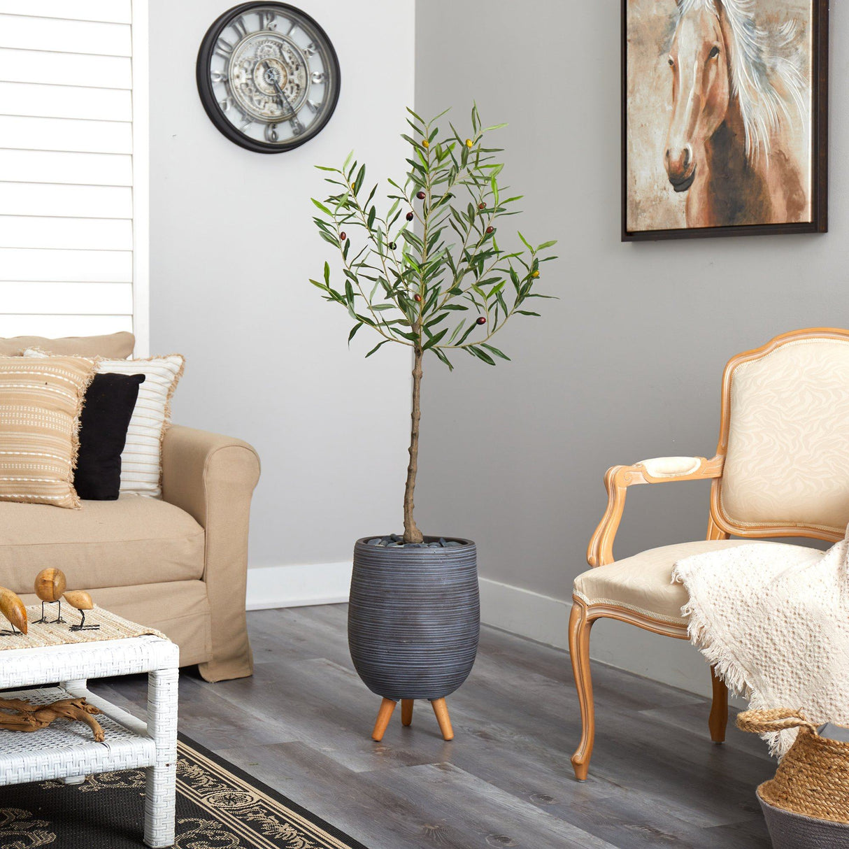 4.5’ Artificial Olive Tree in Gray Planter with Stand-Parc Decor