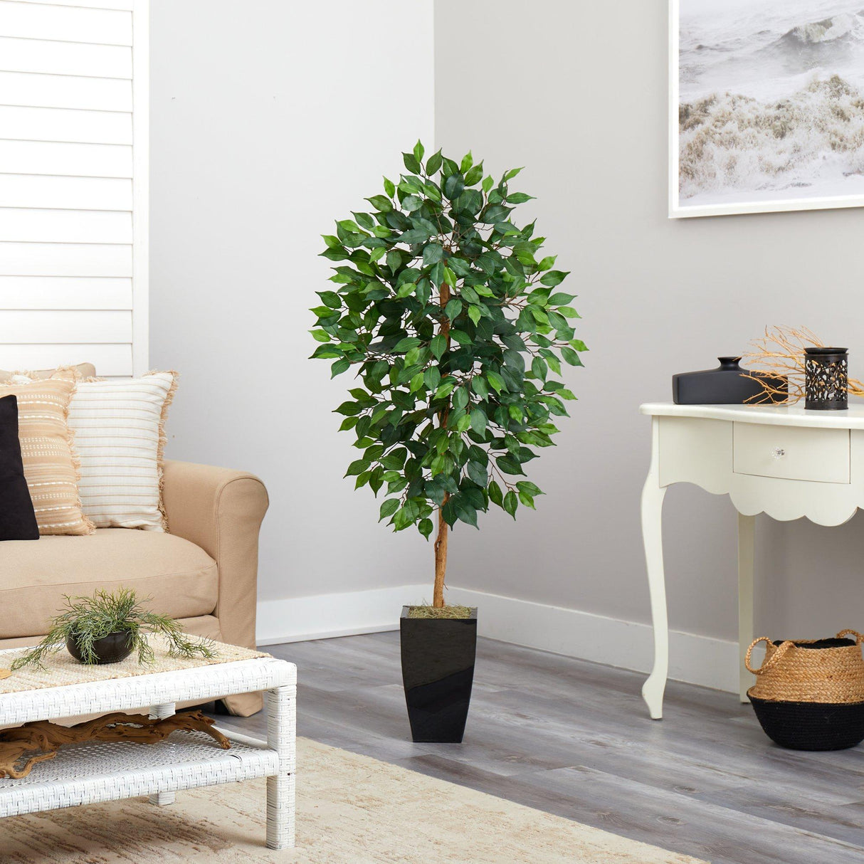4.5’ Ficus Artificial Tree in Black Metal Planter-Parc Decor