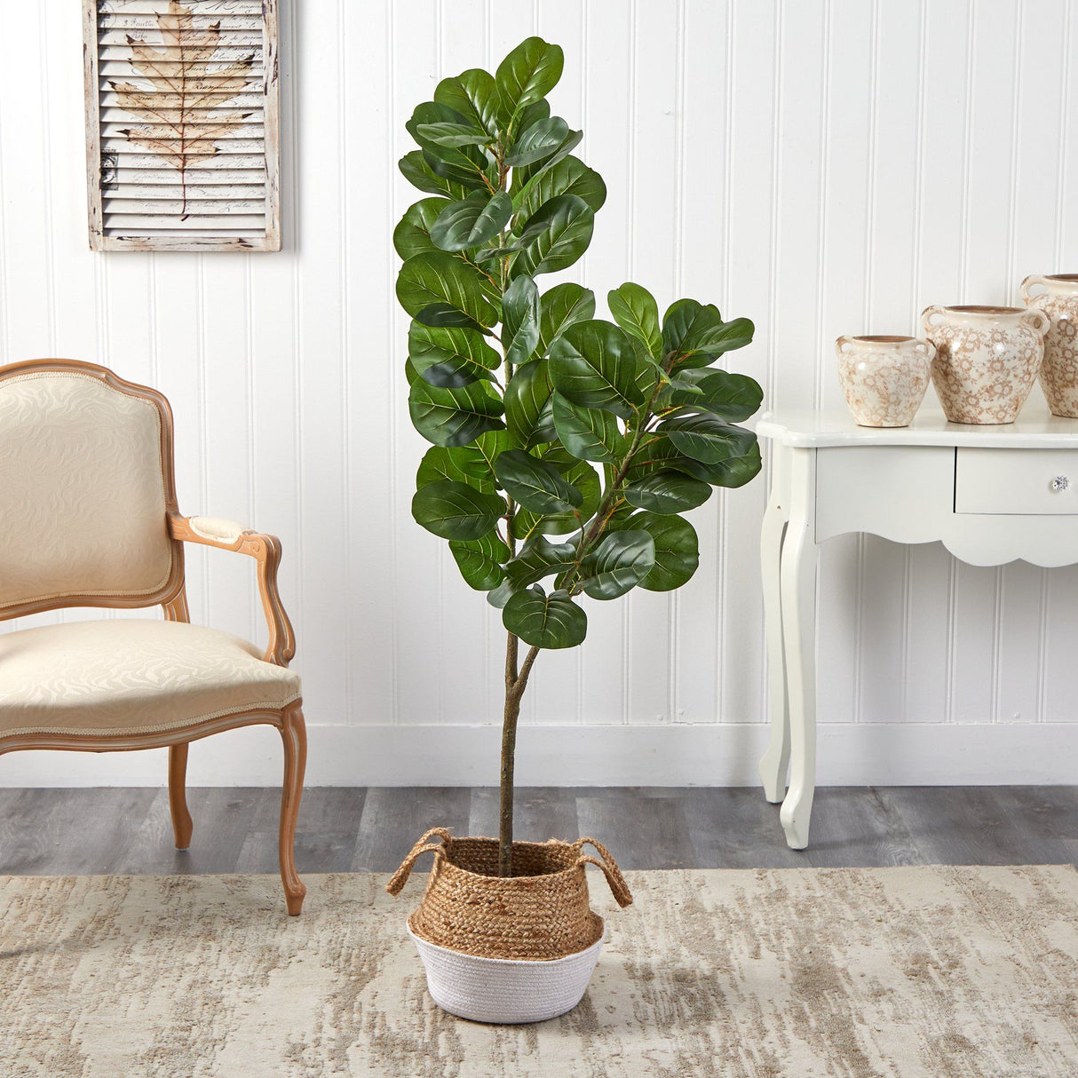 4.5’ Fiddle Leaf Fig Artificial Tree with Boho Chic Handmade Cotton & Jute White Woven Planter-Parc Decor