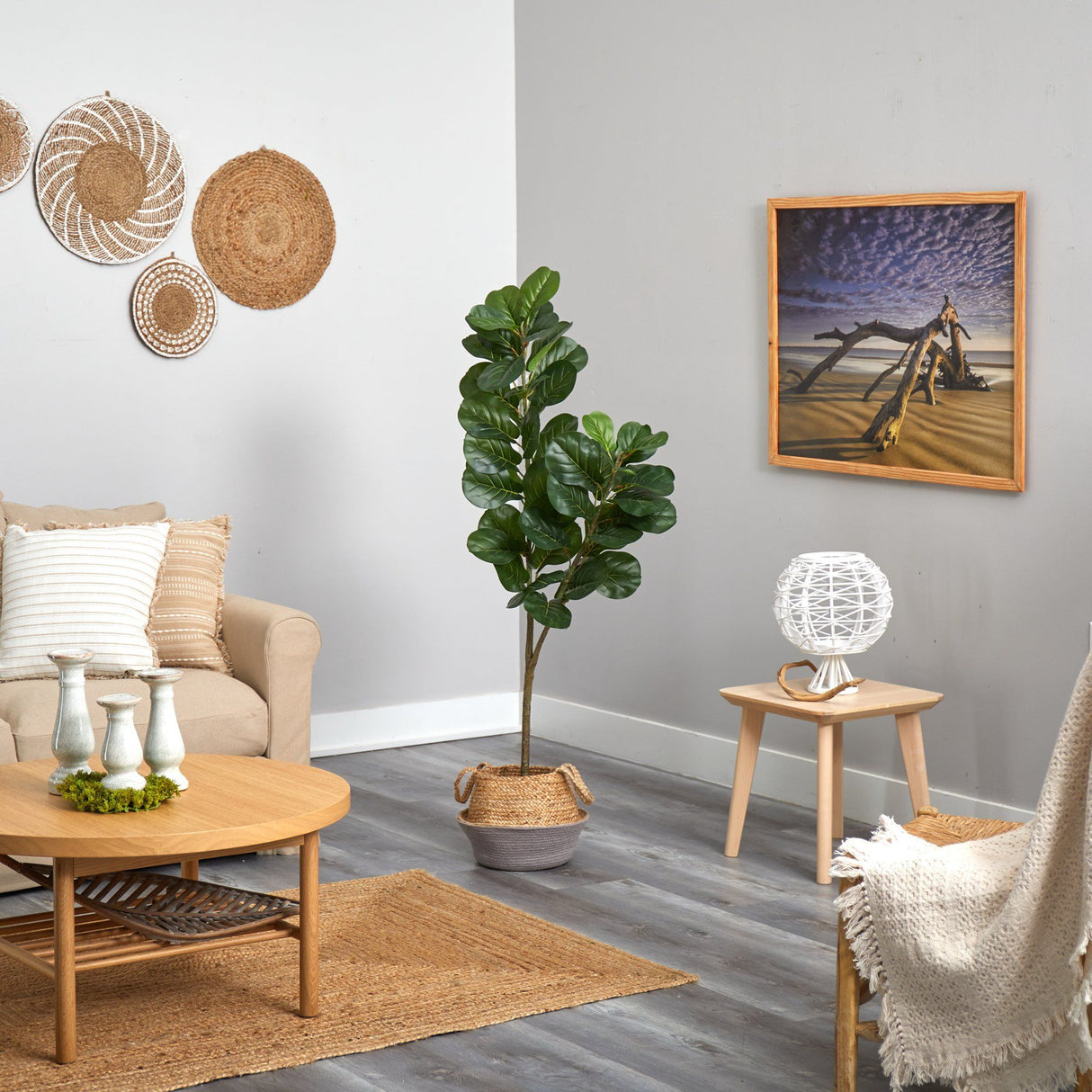 4.5’ Fiddle Leaf Fig Artificial Tree with Boho Chic Handmade Cotton and Jute White Woven Planter-Parc Decor