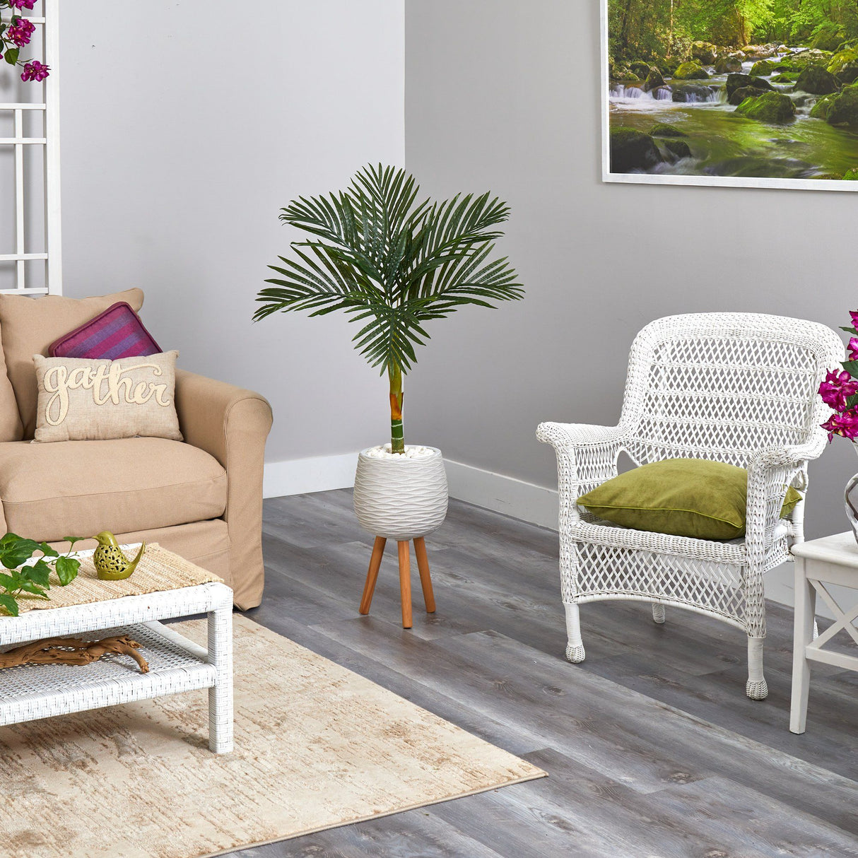 4.5’ Golden Cane Artificial Palm Tree in White Planter with Stand-Parc Decor