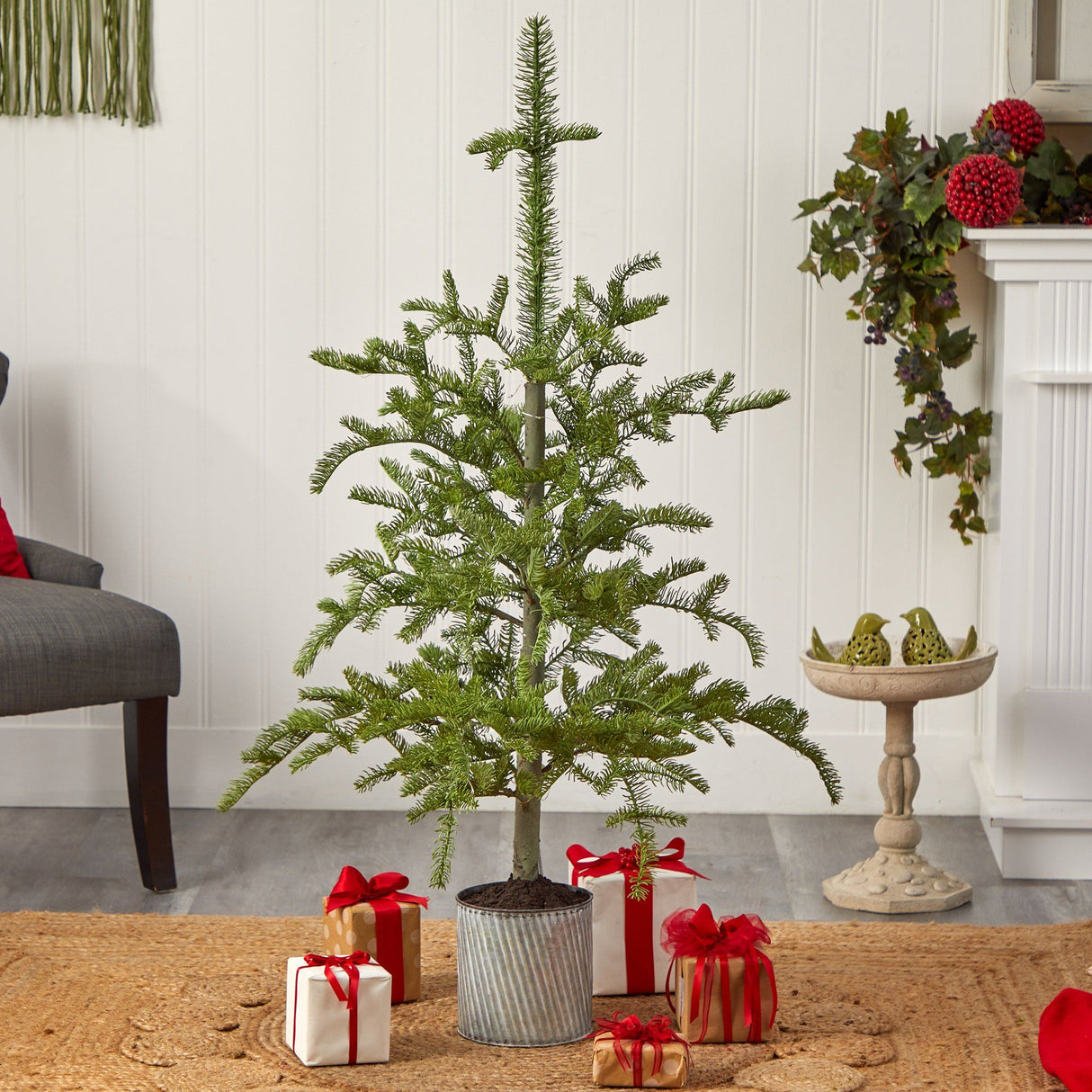 4.5’ Pre-Lit Christmas Pine Artificial Tree in Decorative Planter-Parc Decor