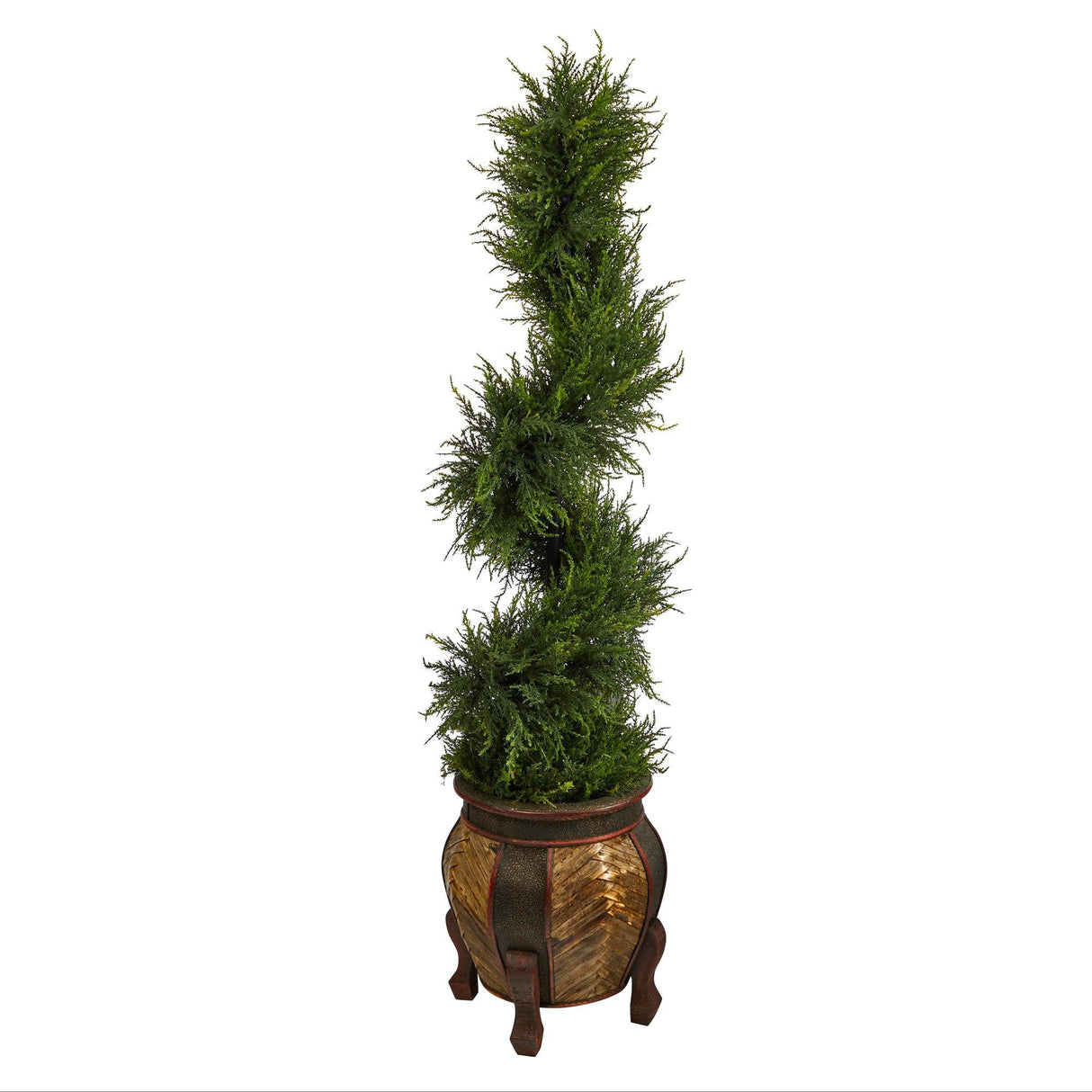 4.5’ Spiral Cypress Artificial Tree in Decorative Planter with 80 Clear LED Lights (Indoor/Outdoor)-Parc Decor
