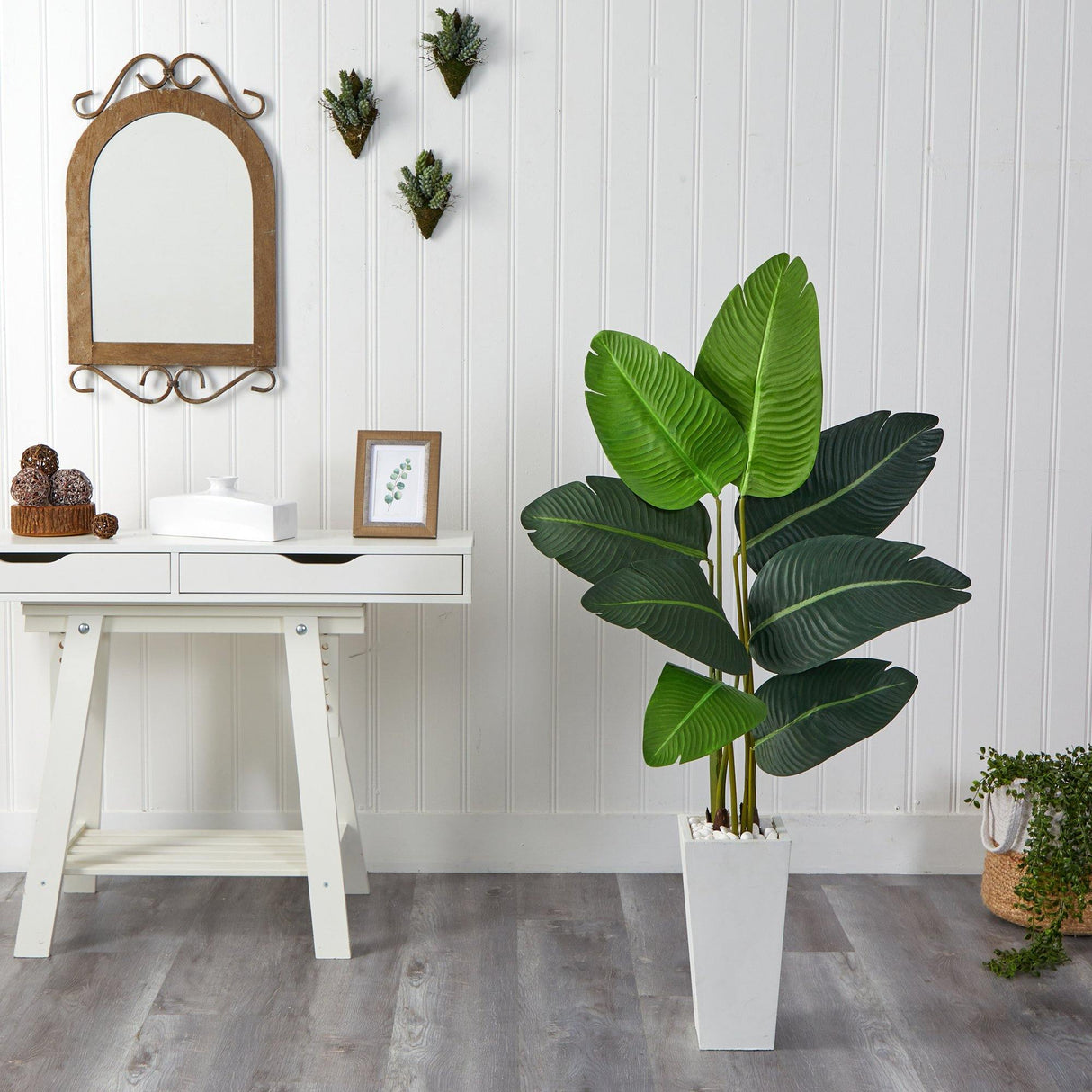 4.5’ Travelers Palm Artificial Tree in White Planter-Parc Decor