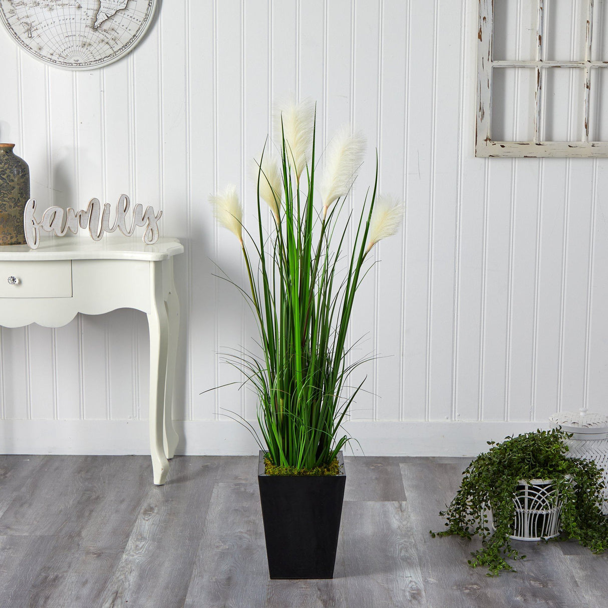 4.5’ Wheat Plum Grass Artificial Plant in Black Metal Planter-Parc Decor