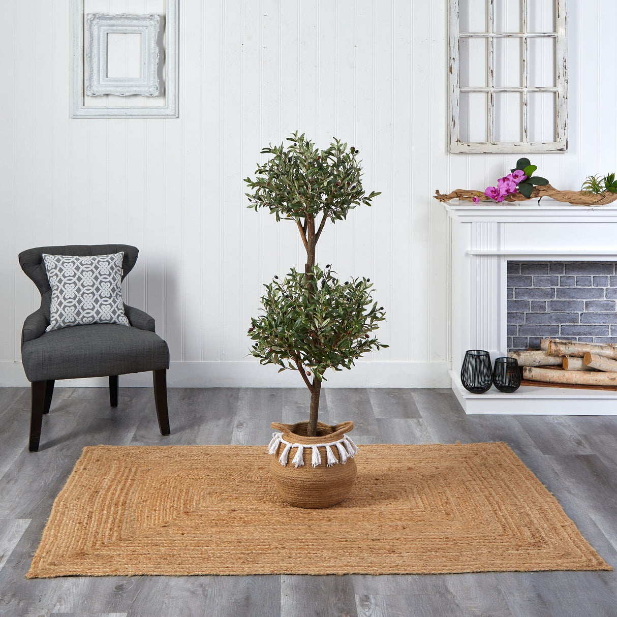 4.5' Artificial Olive Double Topiary with Handmade Jute & Cotton Basket with Tassels-Plant in Planter-Parc Decor