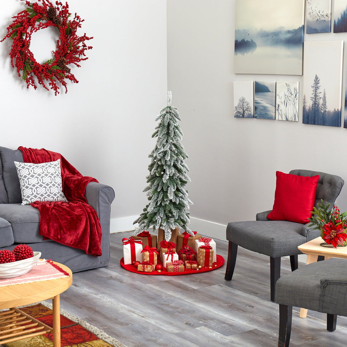 4.5’ Flocked Washington Alpine Artificial Christmas Tree with 100 White Warm LED Lights and 285 Bendable Branches-Christmas Tree-Parc Decor