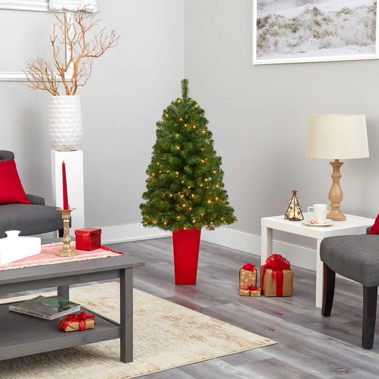 4.5’ Virginia Fir Artificial Christmas Tree with 100 Clear Lights and 223 Bendable Branches in Red Planter-Christmas Tree-Parc Decor