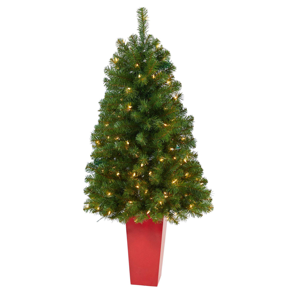 4.5’ Virginia Fir Artificial Christmas Tree with 100 Clear Lights and 223 Bendable Branches in Red Planter-Christmas Tree-Parc Decor