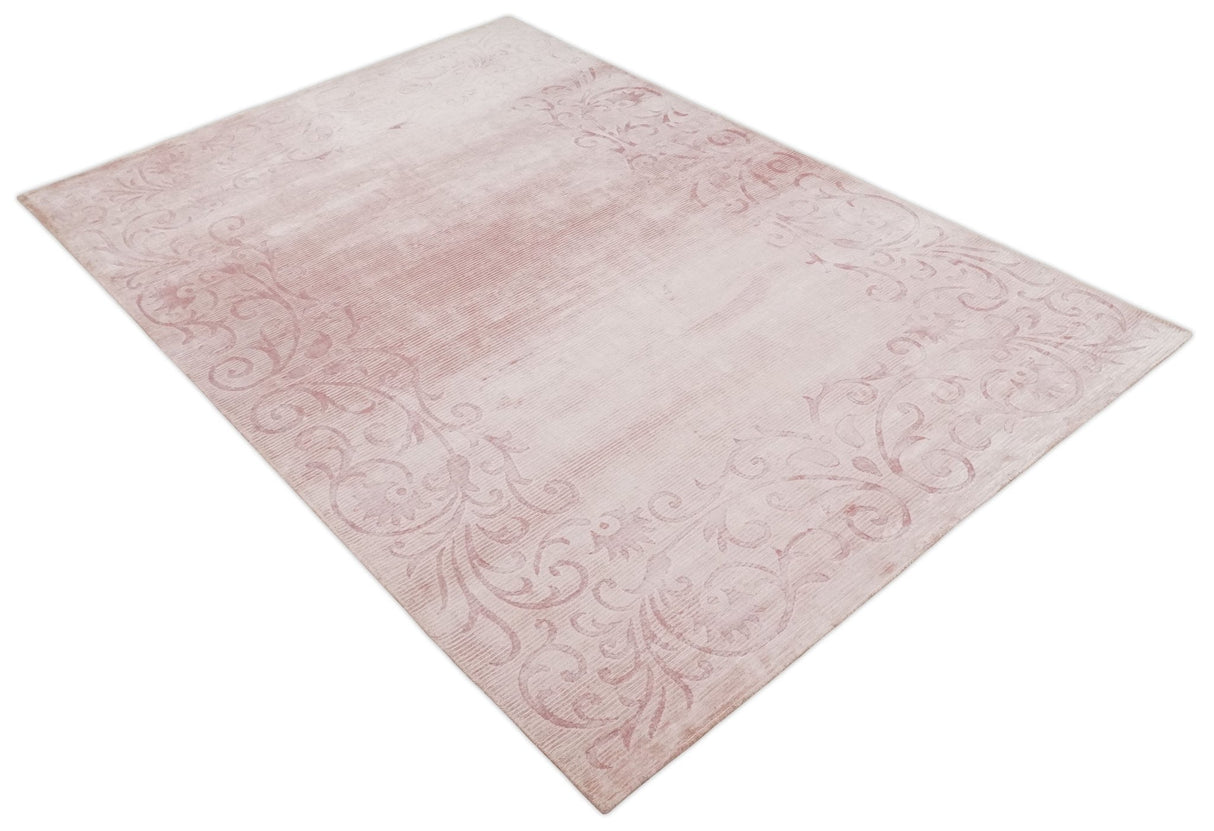 4x6 and 6x9 Hand Woven and Carved Pink Floral Art Silk Rug | KNT2-Area Rug-Parc Decor
