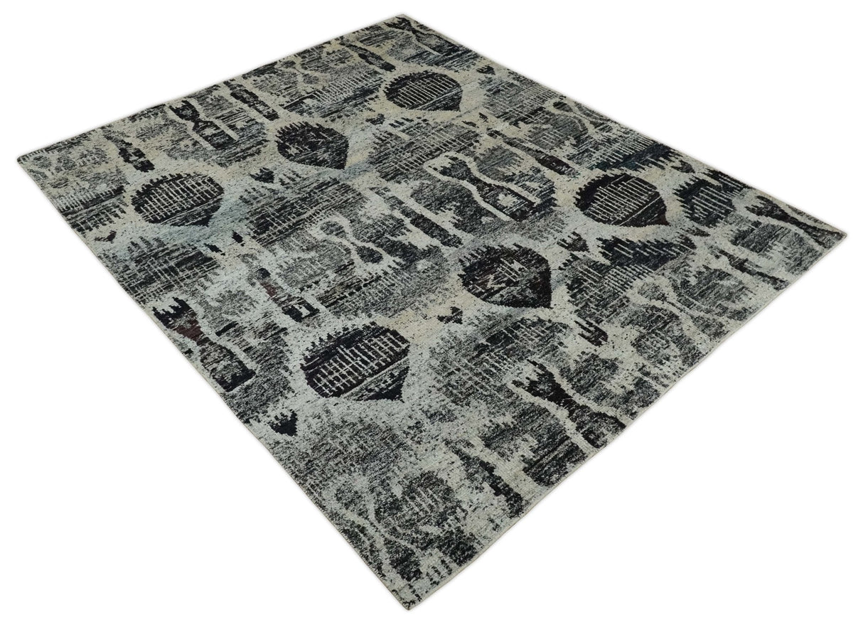 4x6 and 8x10 Hand Knotted Ivory, Charcoal and Brown Antique Persian Style Recycled Silk Area Rug