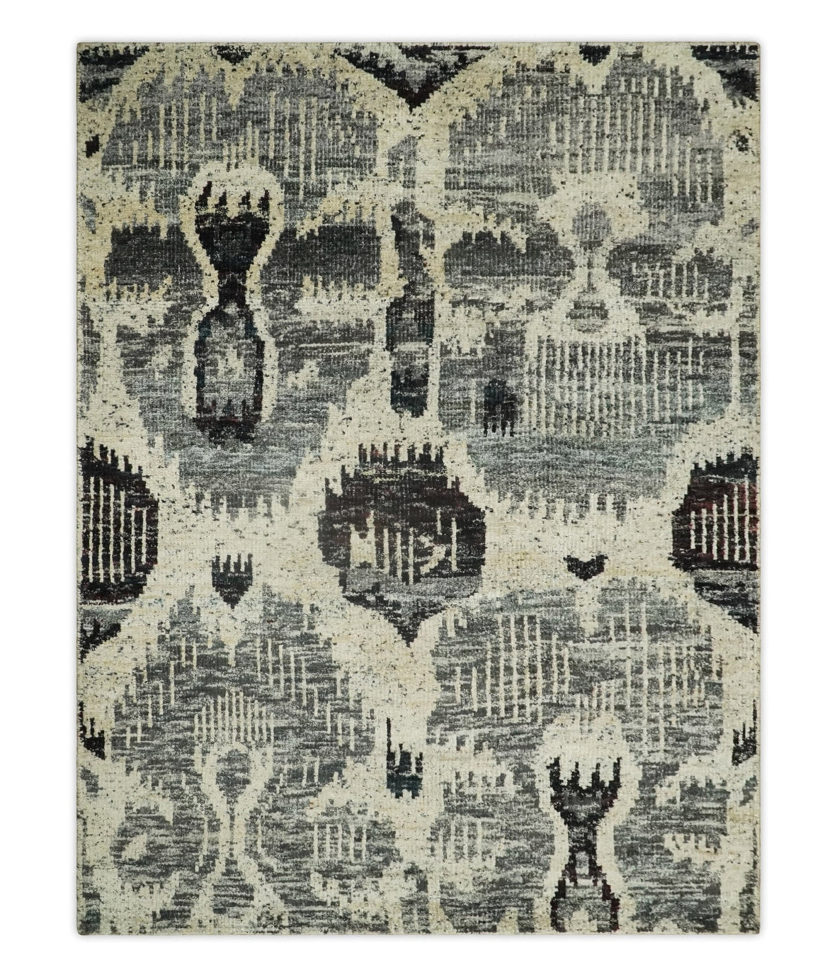 4x6 and 8x10 Hand Knotted Ivory, Charcoal and Brown Antique Persian Style Recycled Silk Area Rug