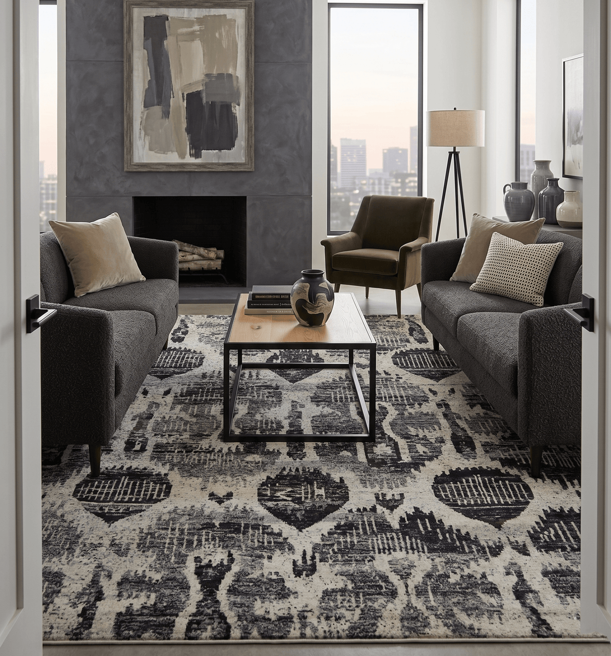 4x6 and 8x10 Hand Knotted Ivory, Charcoal and Brown Antique Persian Style Recycled Silk Area Rug