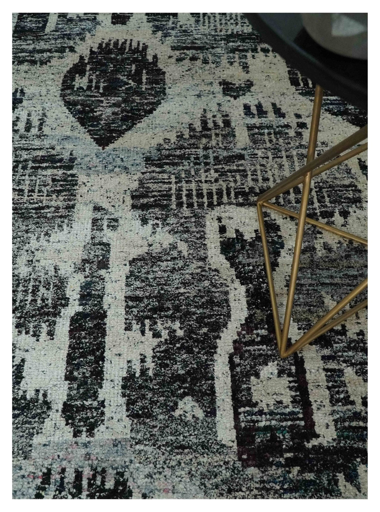 4x6 and 8x10 Hand Knotted Ivory, Charcoal and Brown Antique Persian Style Recycled Silk Area Rug