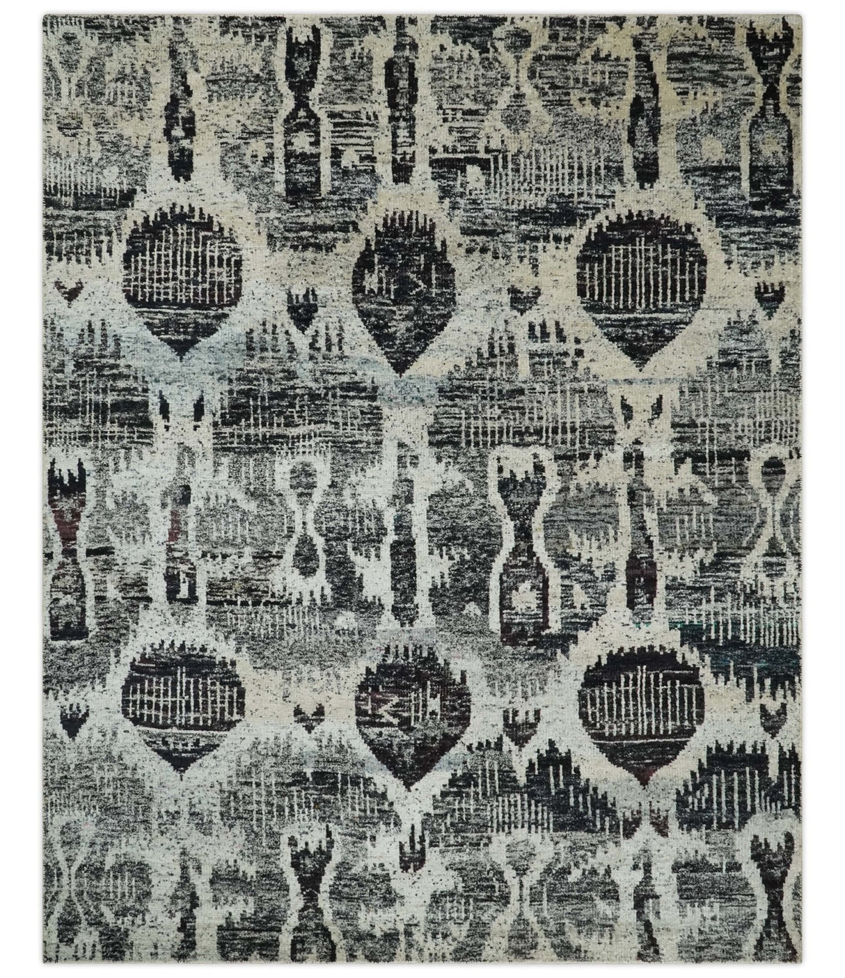4x6 and 8x10 Hand Knotted Ivory, Charcoal and Brown Antique Persian Style Recycled Silk Area Rug