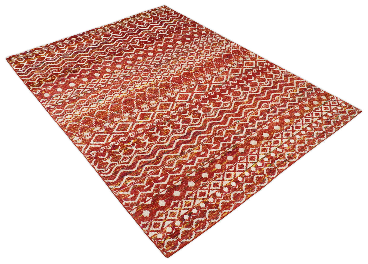 4x6 and 8x10 Hand Knotted Rust, Gold and White Modern Contemporary Southwestern Tribal Trellis Recycled Silk Area Rug