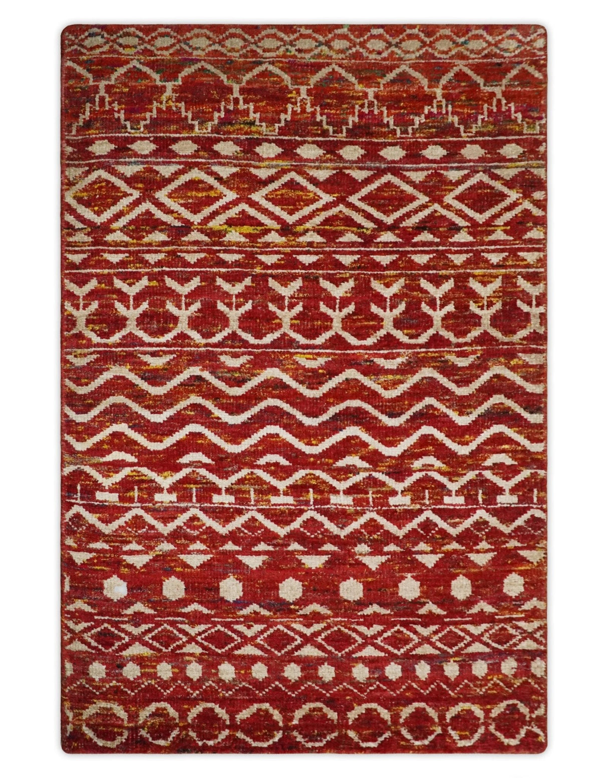 4x6 and 8x10 Hand Knotted Rust, Gold and White Modern Contemporary Southwestern Tribal Trellis Recycled Silk Area Rug