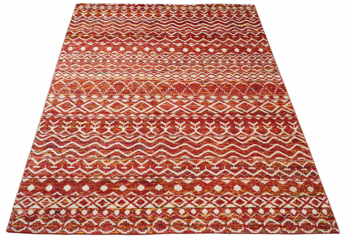 4x6 and 8x10 Hand Knotted Rust, Gold and White Modern Contemporary Southwestern Tribal Trellis Recycled Silk Area Rug