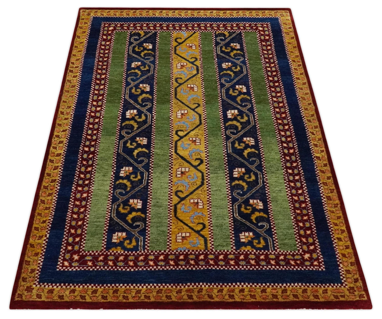 4x6 Green, Gold and Blue Striped Wool Hand Knotted Southwestern Lori Gabbeh Rug