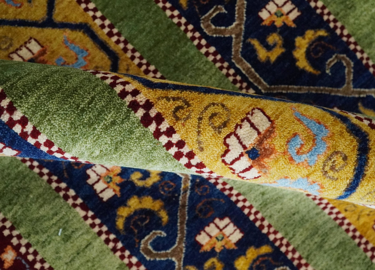 4x6 Green, Gold and Blue Striped Wool Hand Knotted Southwestern Lori Gabbeh Rug