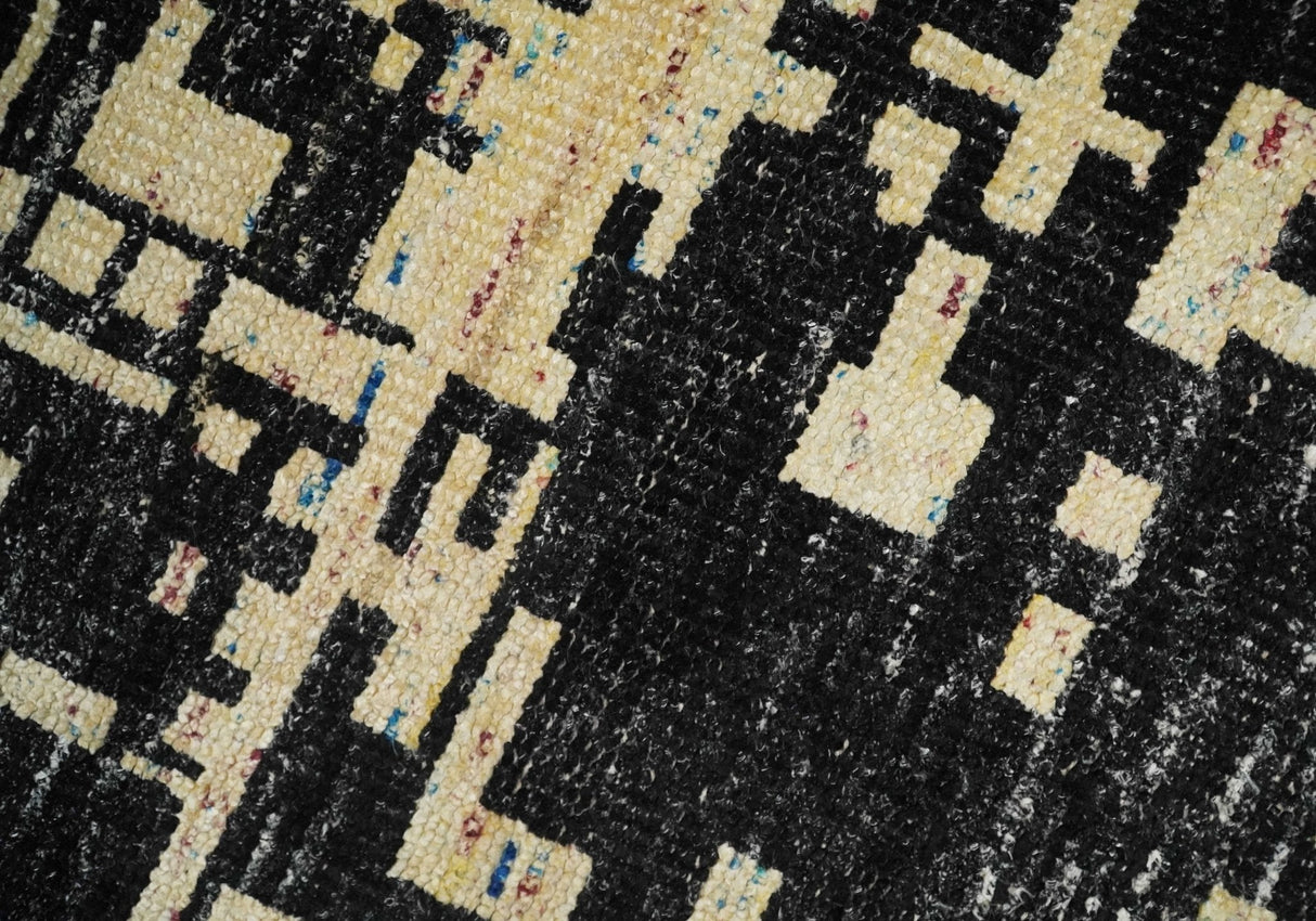 4x6 Hand Knotted Beige and Black Modern Abstract Contemporary Recycled Silk Area Rug
