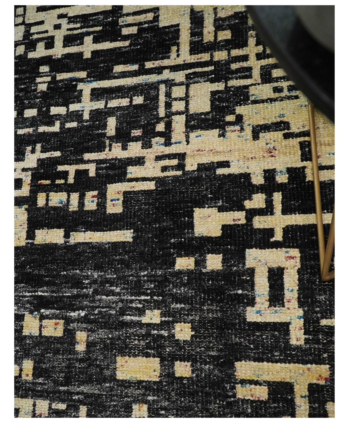 4x6 Hand Knotted Beige and Black Modern Abstract Contemporary Recycled Silk Area Rug