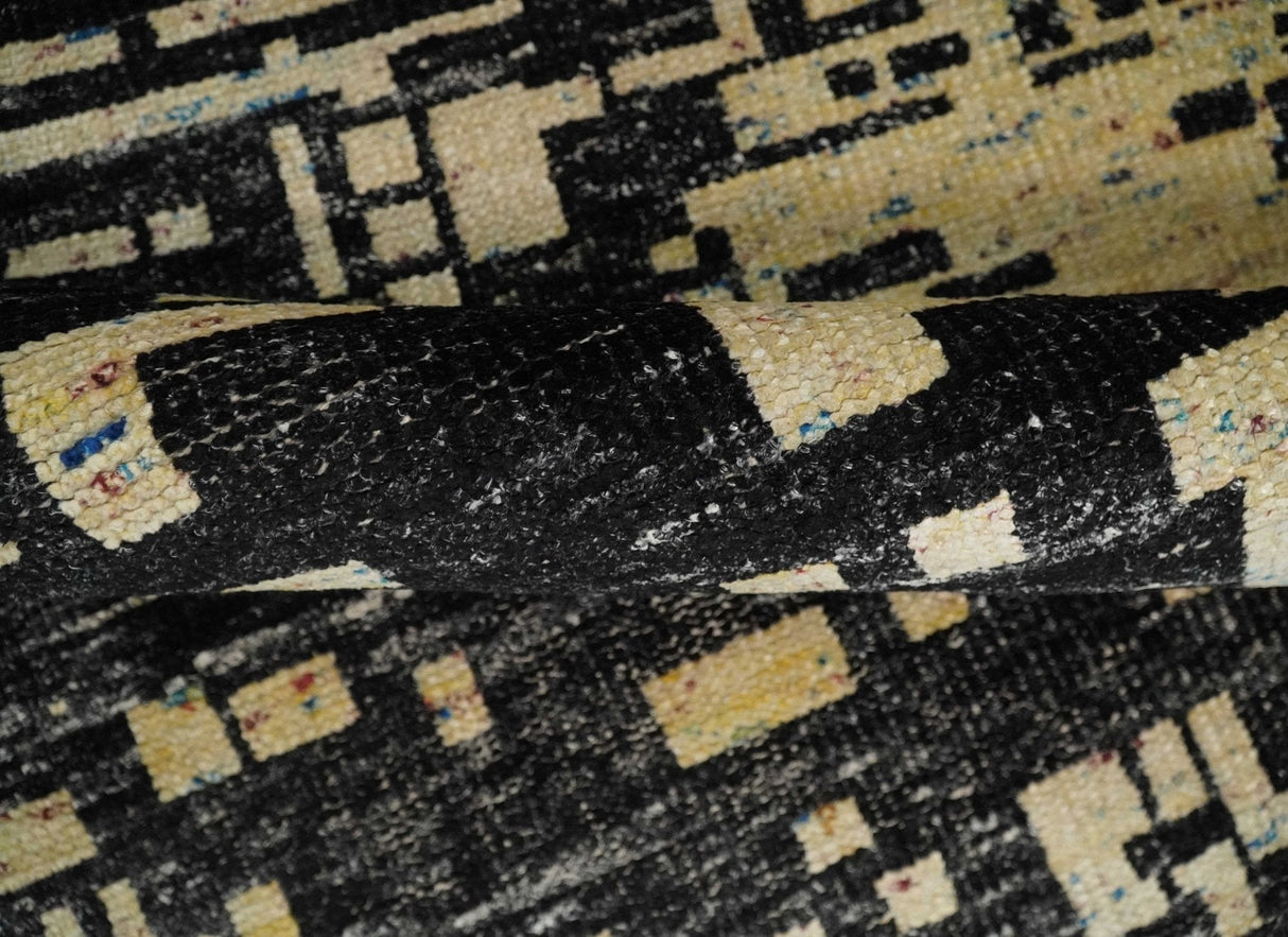 4x6 Hand Knotted Beige and Black Modern Abstract Contemporary Recycled Silk Area Rug