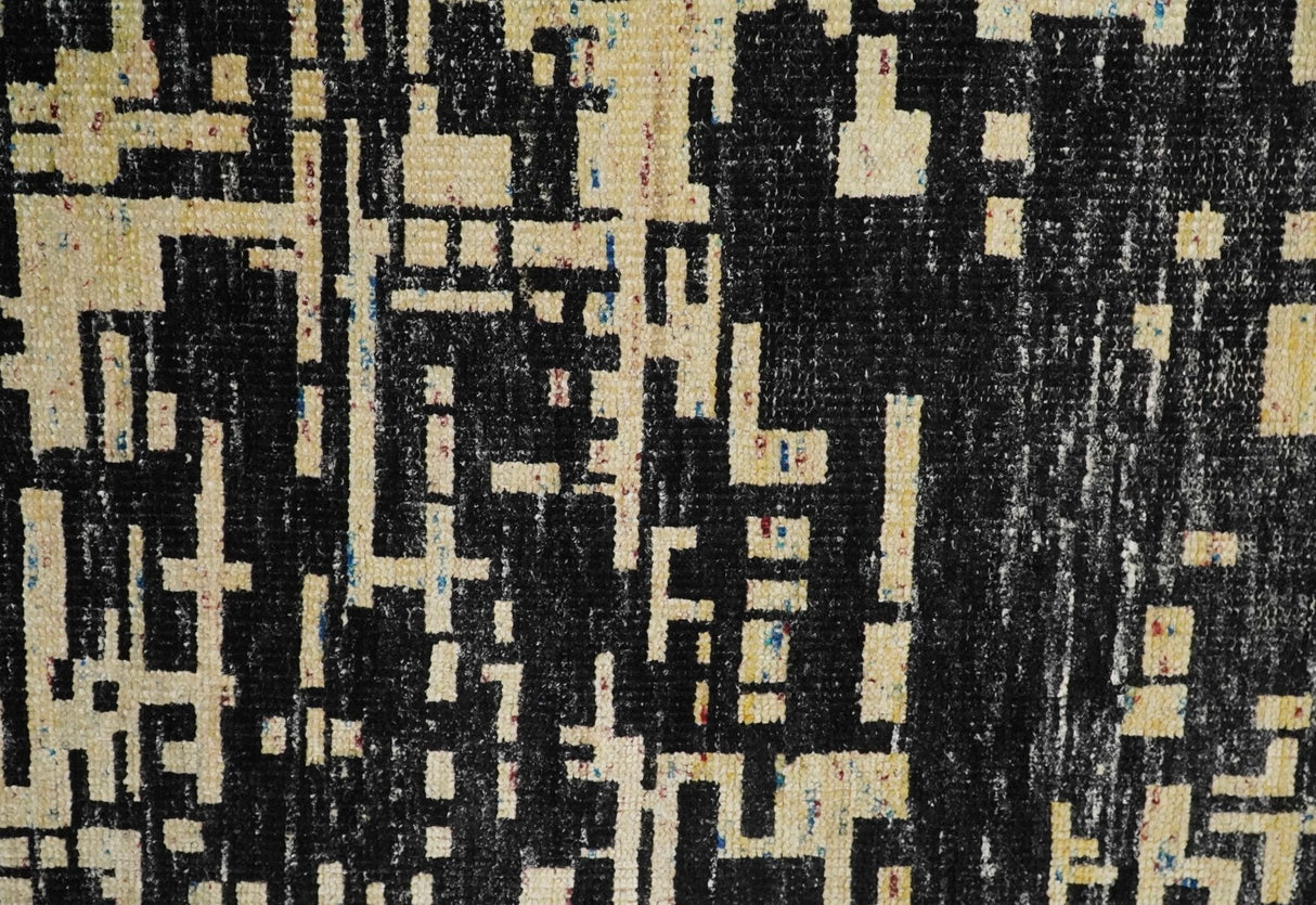 4x6 Hand Knotted Beige and Black Modern Abstract Contemporary Recycled Silk Area Rug