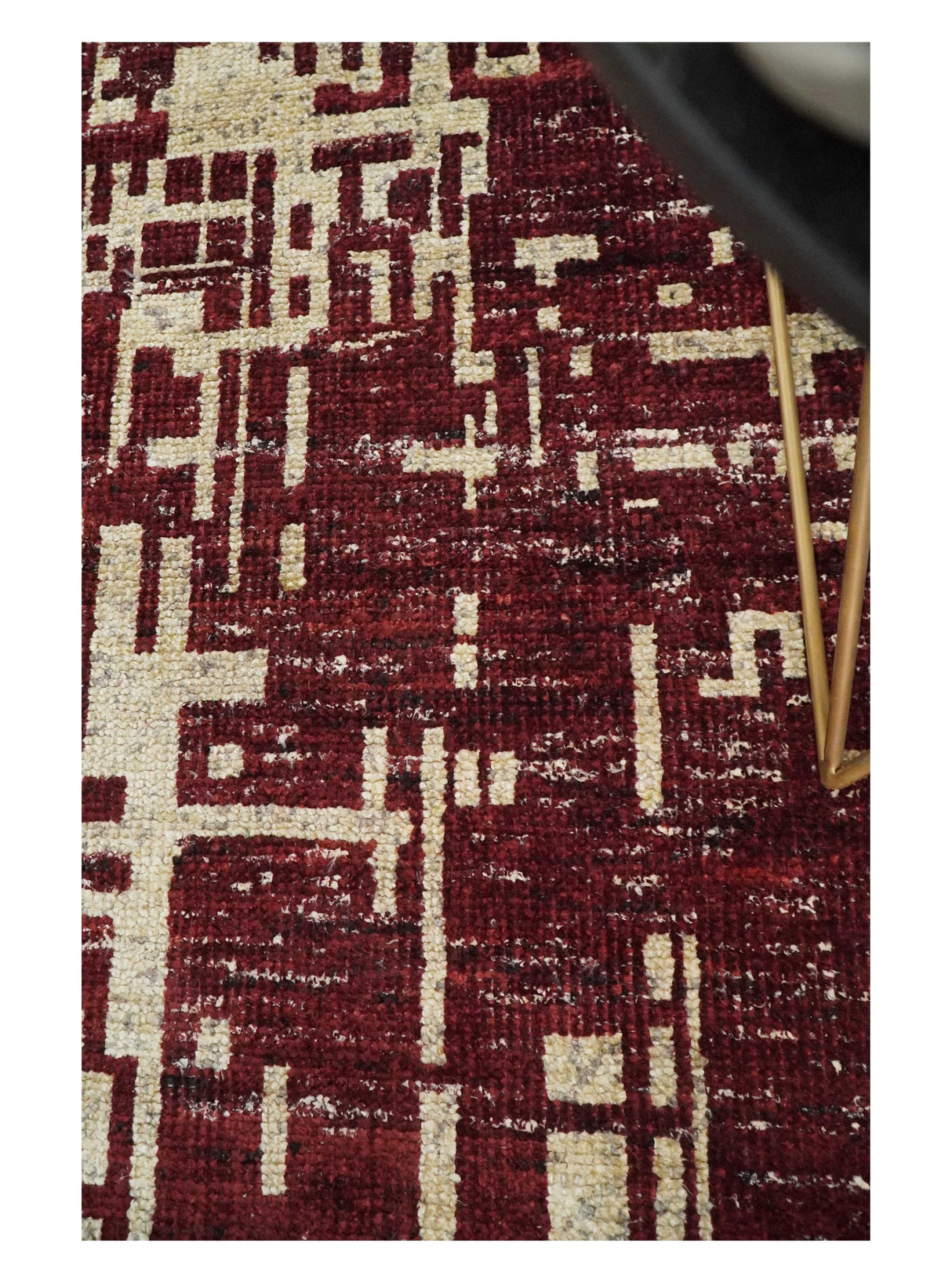 4x6 Hand Knotted Beige and Maroon Modern Abstract Recycled Silk Area Rug