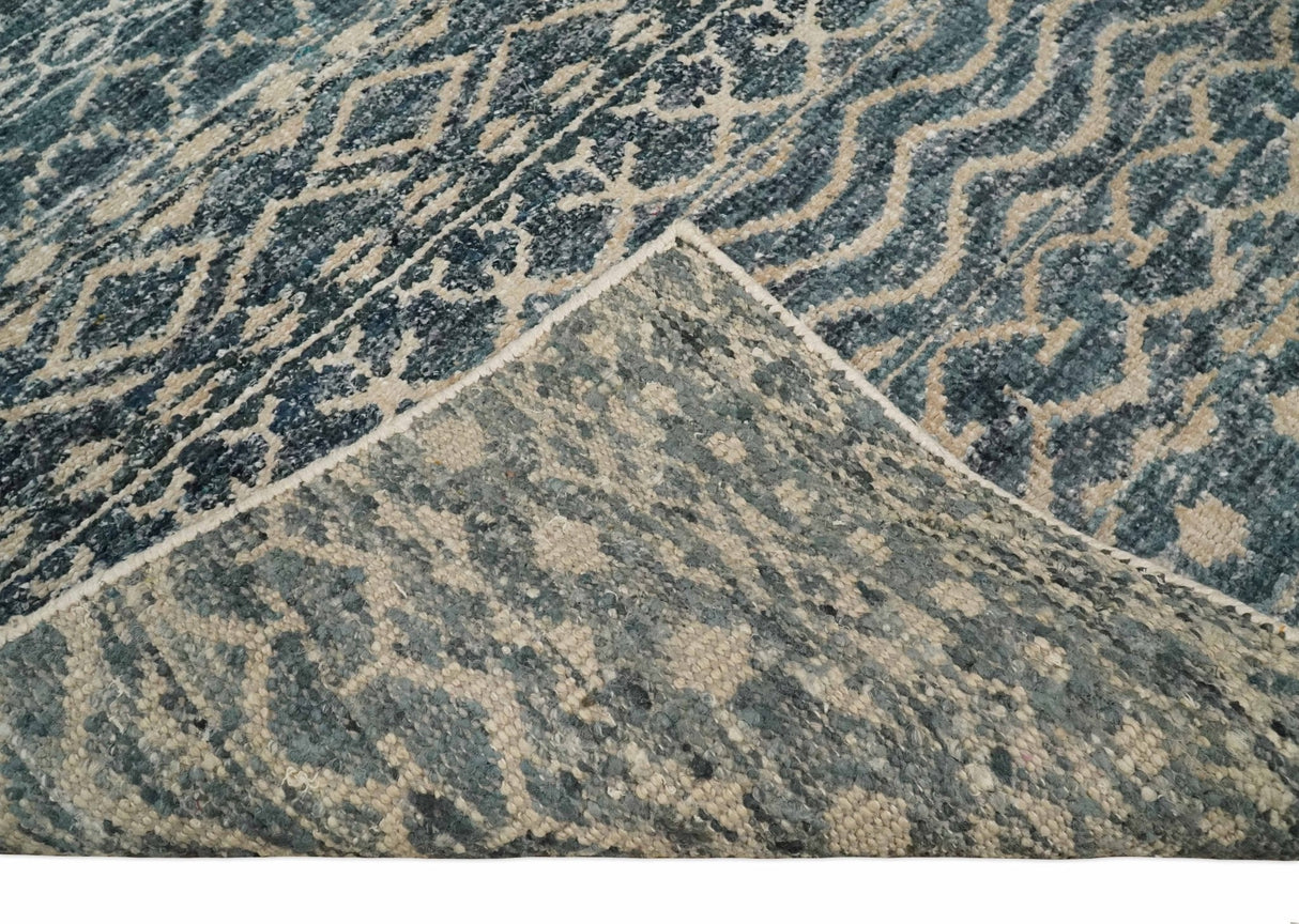 4x6 Hand Knotted Ivory, Beige and Blue Modern Contemporary Southwestern Tribal Trellis Recycled Silk Area Rug | OP55