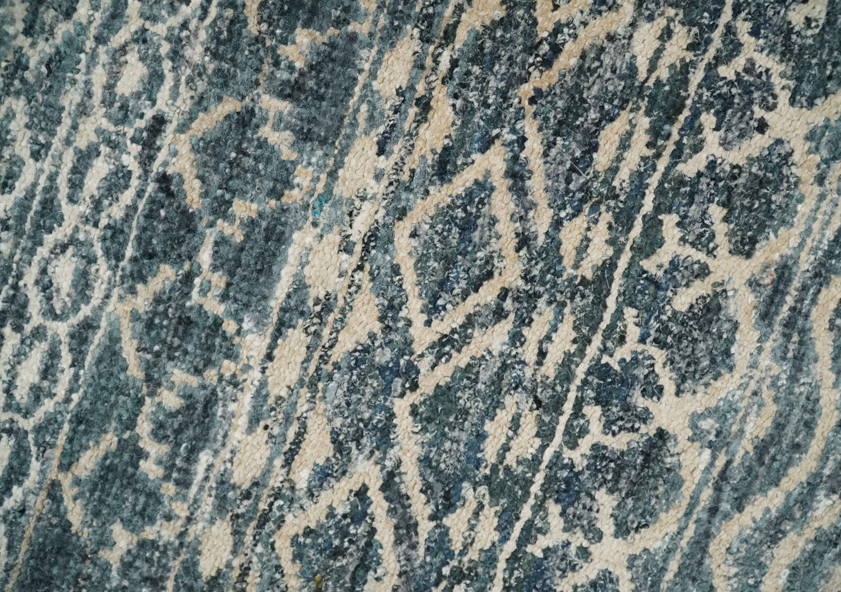 4x6 Hand Knotted Ivory, Beige and Blue Modern Contemporary Southwestern Tribal Trellis Recycled Silk Area Rug | OP55