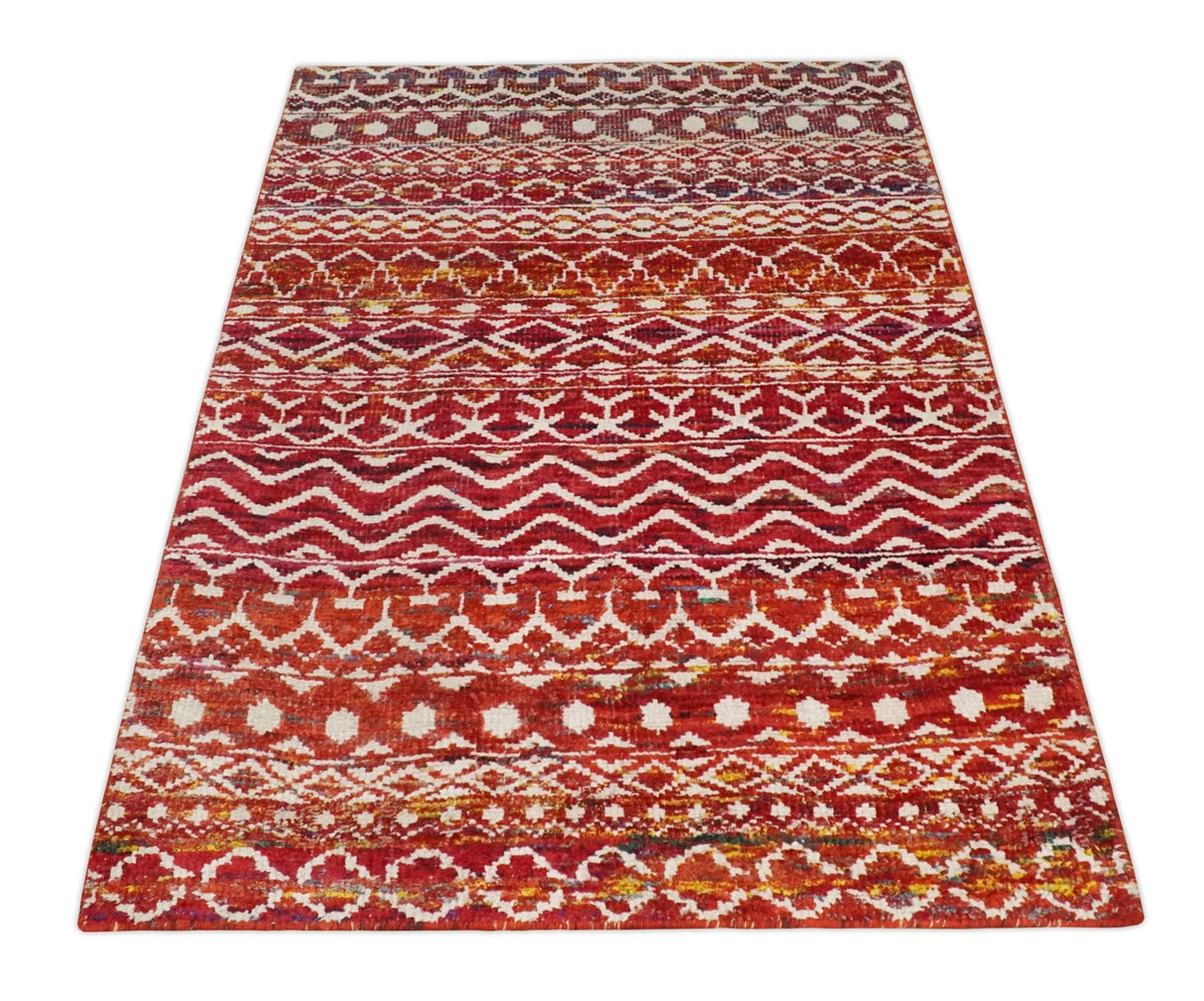 4x6 Hand Knotted Rust and Ivory Modern Contemporary Southwestern Tribal Trellis Recycled Silk Area Rug