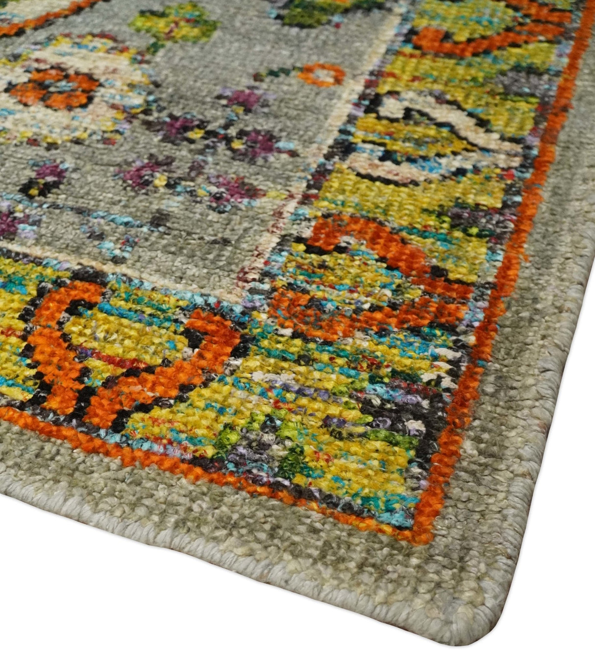 4x6 Hand Knotted Silver, Yellow and Orange Persian Oushak Recycled Silk Area Rug