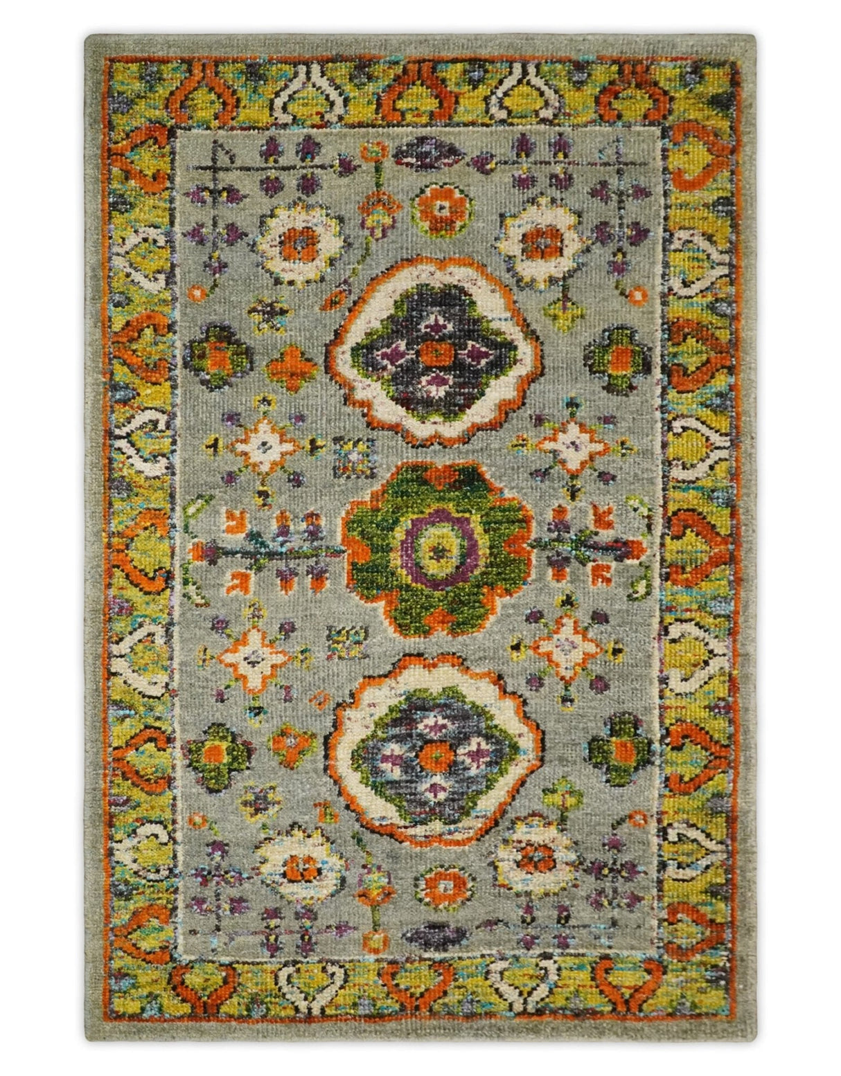 4x6 Hand Knotted Silver, Yellow and Orange Persian Oushak Recycled Silk Area Rug