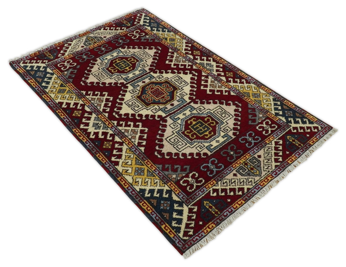 4x6 Hand Knotted Traditional Kazak Ivory and Rust Wool Area Rug
