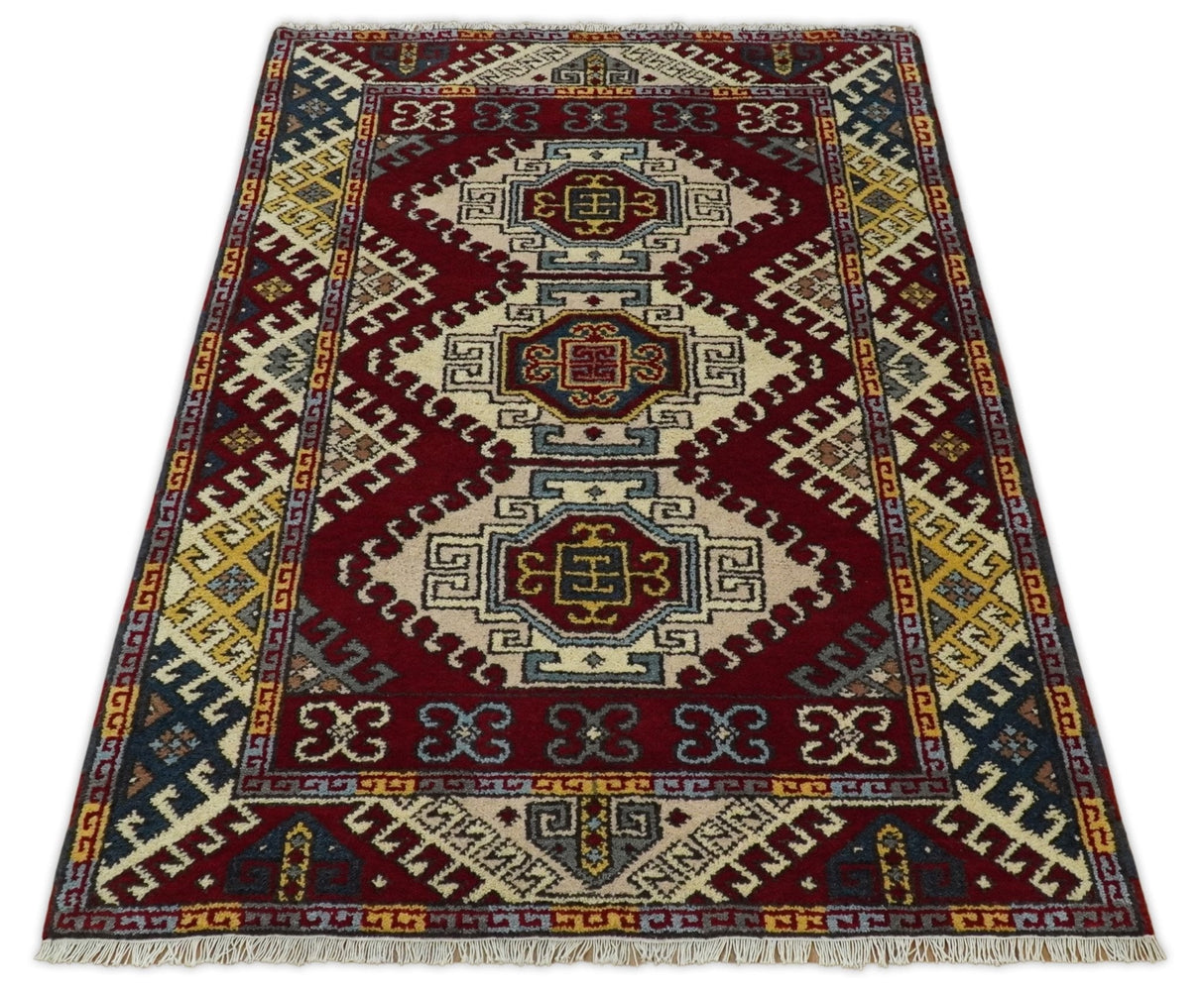 4x6 Hand Knotted Traditional Kazak Ivory and Rust Wool Area Rug