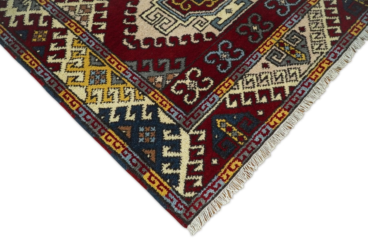 4x6 Hand Knotted Traditional Kazak Ivory and Rust Wool Area Rug